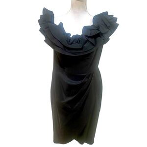 Aidan Mattox black silk off the shoulder ruffle cocktail dress front size 14